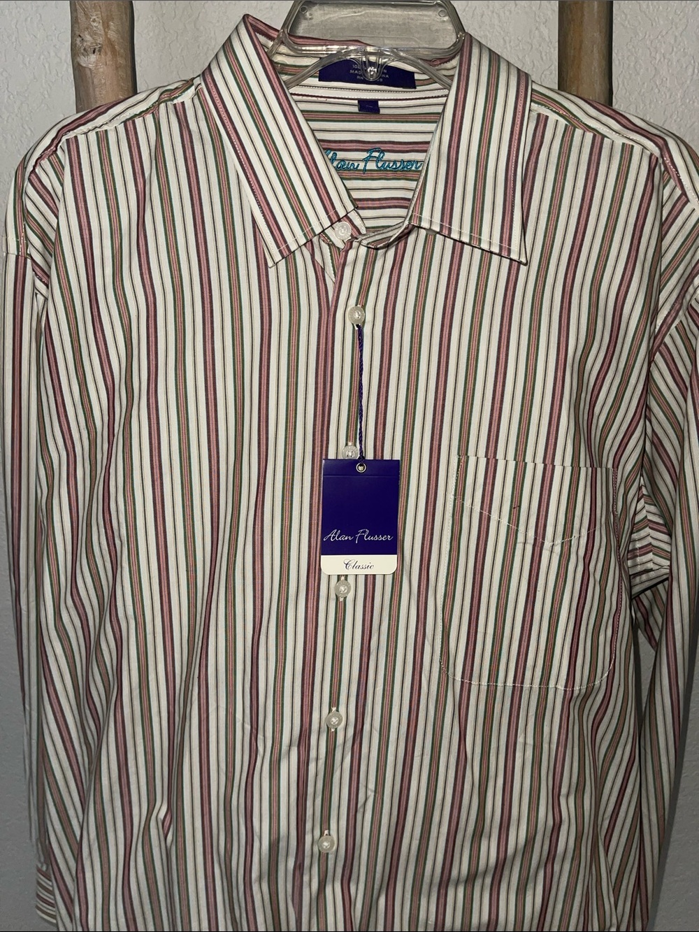 Alan Flusser Men’s Striped Button-Down Shirt in White, Burgundy and Gray